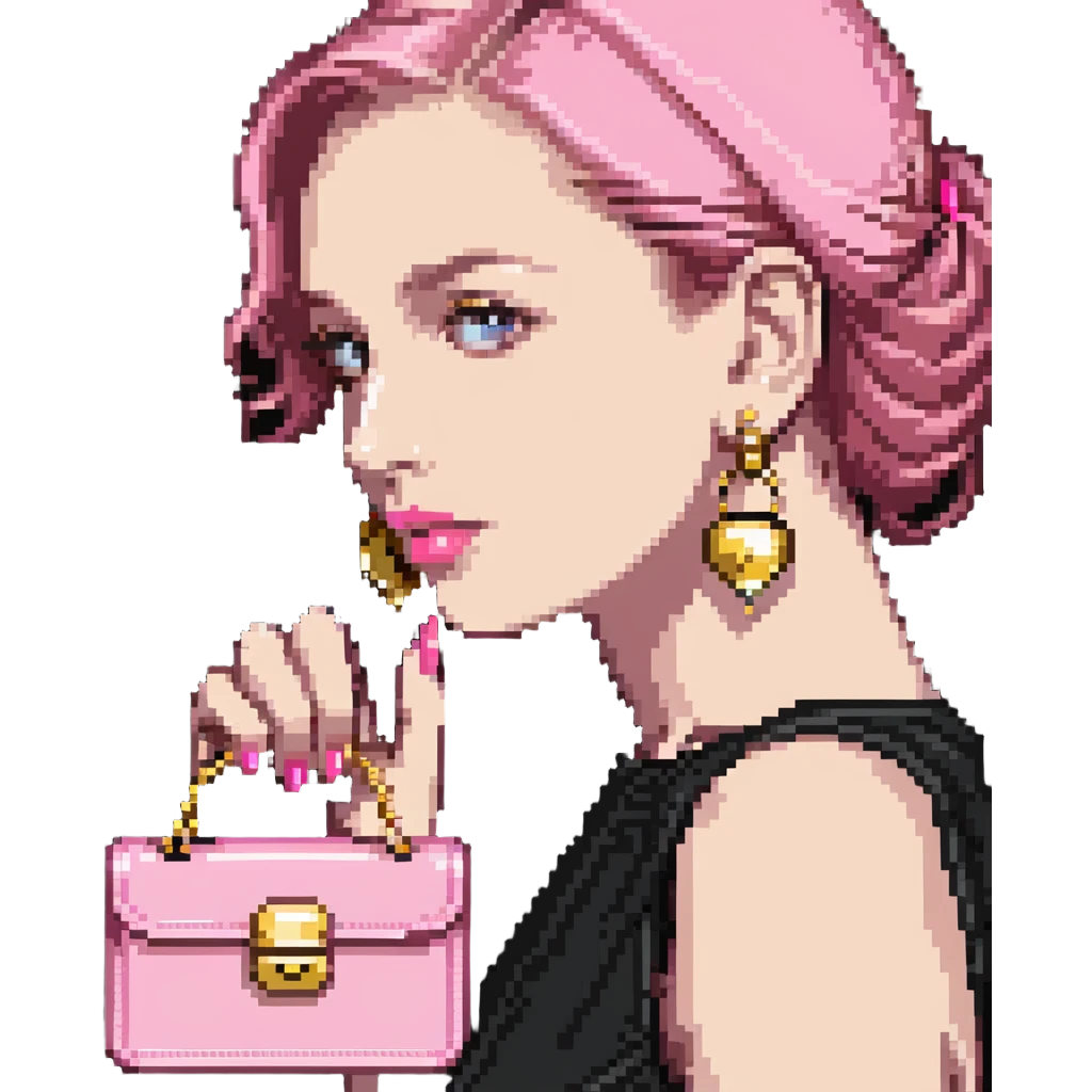 woman with gold earrings holding a pink purse emoji