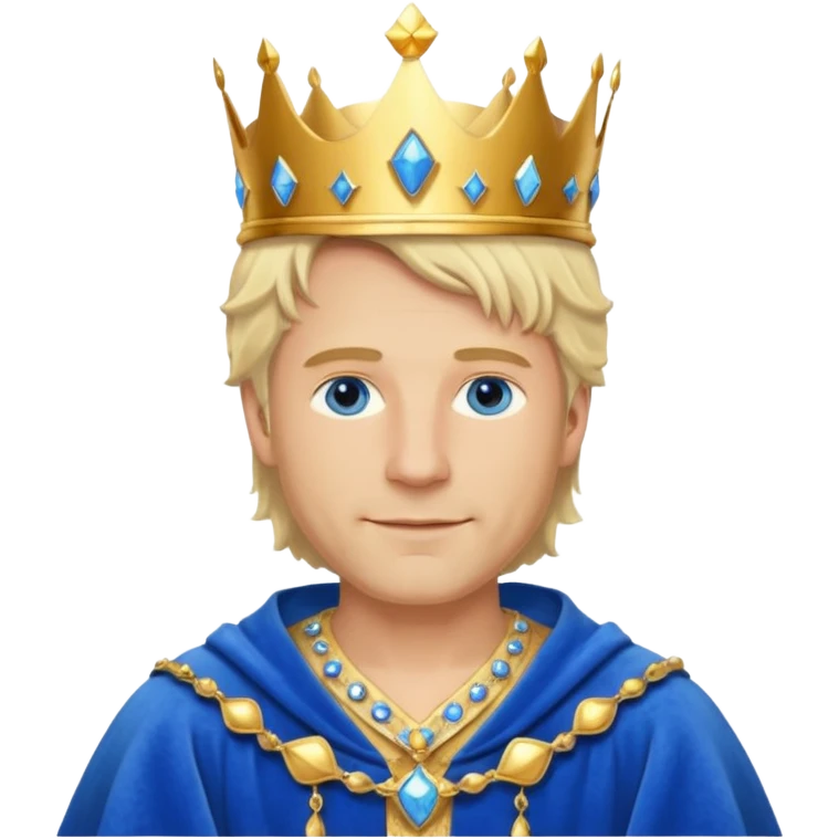 
1 Middle-aged white king, 40 years old, blond hair, blue eyes, kind and benevolent vibe, gentle smile, wearing a crown and blue robe emoji emoji