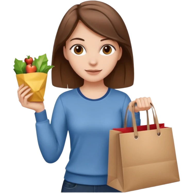 white girl with brown hair brown eyes wearing casual clothes holding shopping bags emoji