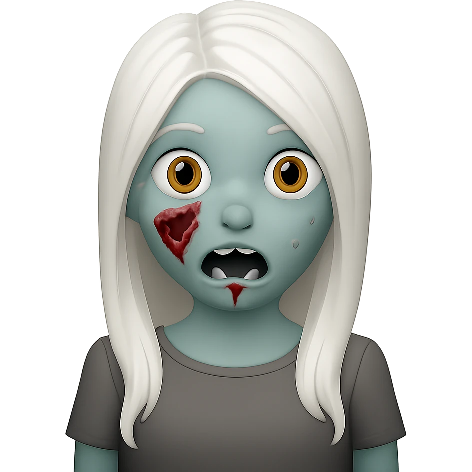 Create a zombie woman emoji similar to the WhatsApp emoji but with white hair. The style should resemble 3D emoji style. The background should be transparent. emoji
