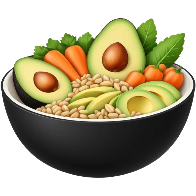 Minimalistic flat vector icon, iOS style, thin black contour on white background. Bowl with vegetables, grains, and avocado slices inside. Clean, no text, no shadows emoji