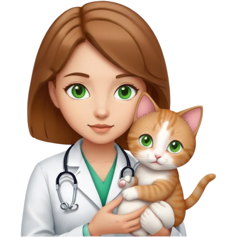 doctor girl medium light brown hair green eyes holds a cute kitty emoji