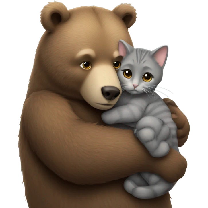 brown bear cub hugs gray cat emoji