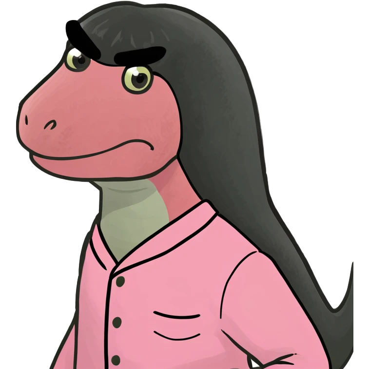 Dinosaur wearing pink pjs and long black wig in a bed emoji