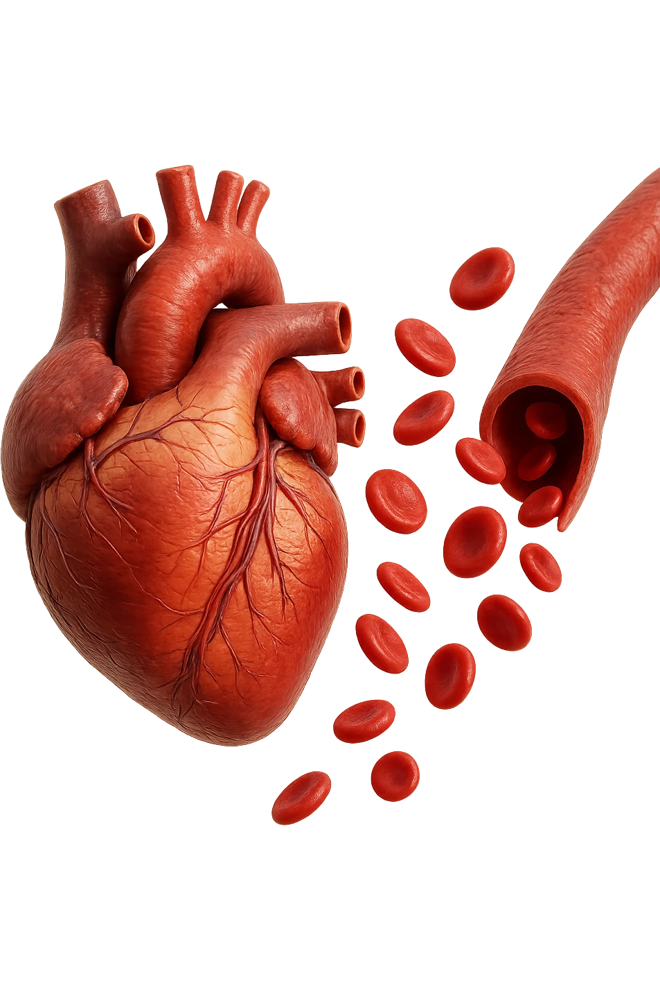 cuore anatomico umano fluttuano in aria insieme ad una vena umana con globuli rossi , iperrealistiche 4k emoji