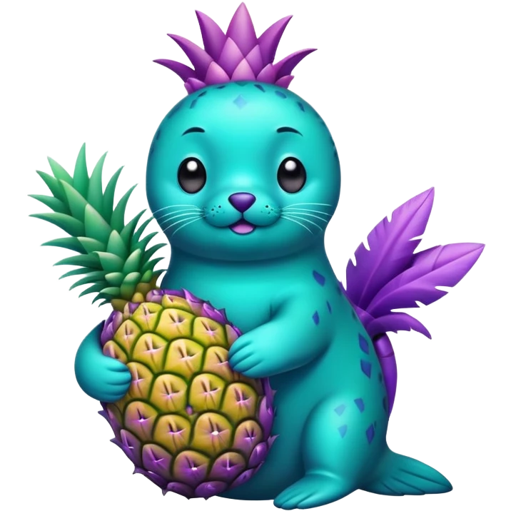 seal that is completely teal-colored holding a pineapple that is completely purple-colored emoji