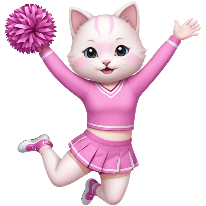 A cute chubby white kitten cheerleader in pastel uniform jumping in cheer pose. emoji