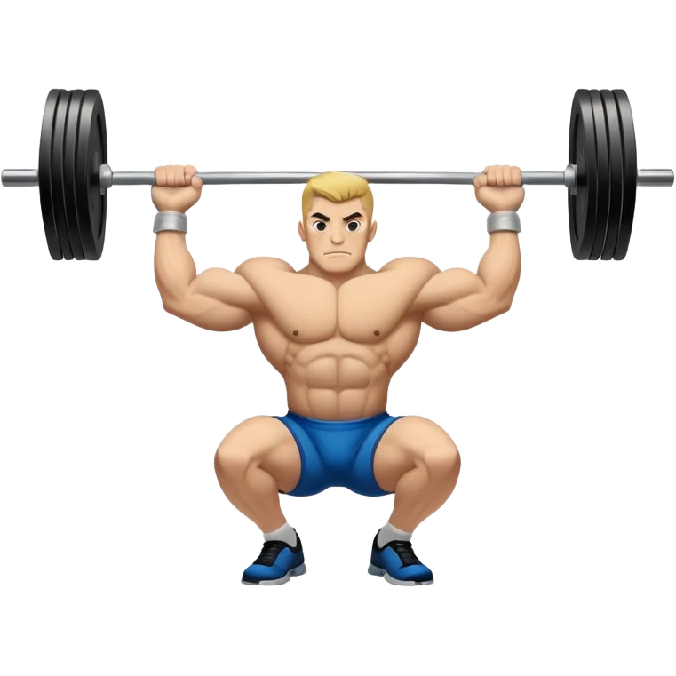 Powerlifting emblem featuring a stylized barbell with heavy weights on each side, flanked by muscular arms gripping the bar. The design is bold and dynamic, symbolizing strength and determination. The background is minimal, focusing on the emblem itself, with a sleek and professional look.  emoji