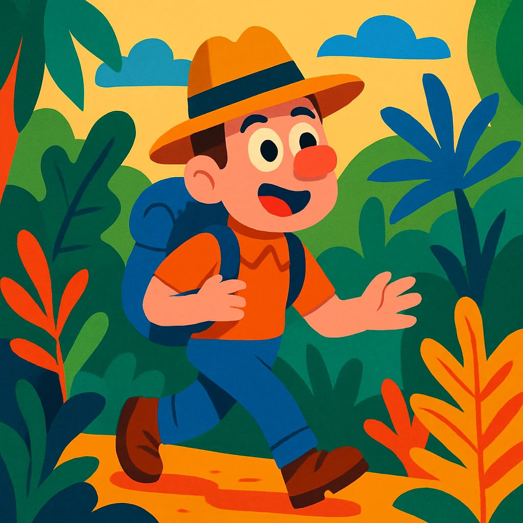 cartoon explorer with a hat and backpack, vibrant colors, jungle setting emoji