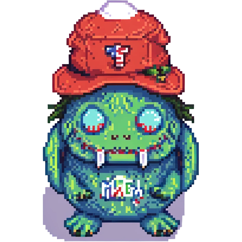 Add a red hat that says 'MAGA' in white letters to the slime monster, keep pixel art style, with no background. emoji