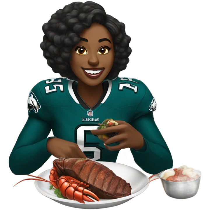 Black woman eating steak and lobster wearing an eagles jersey emoji