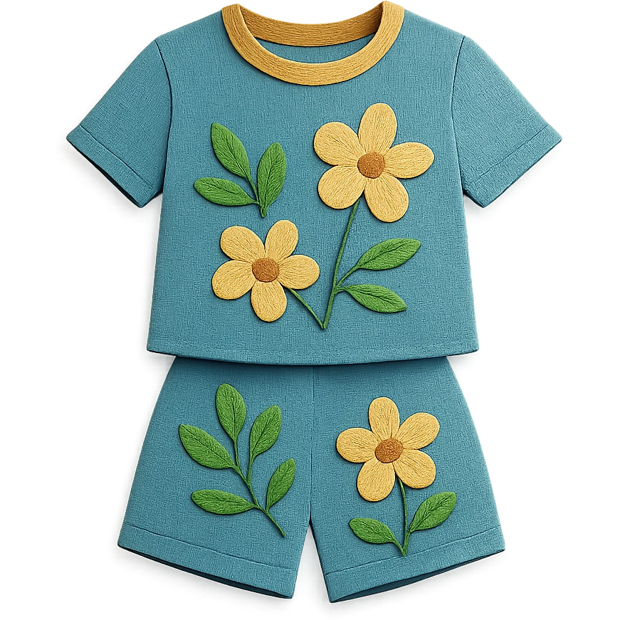 illustration of a women's short and tee shirt set with a floral pattern in paper-craft style emoji