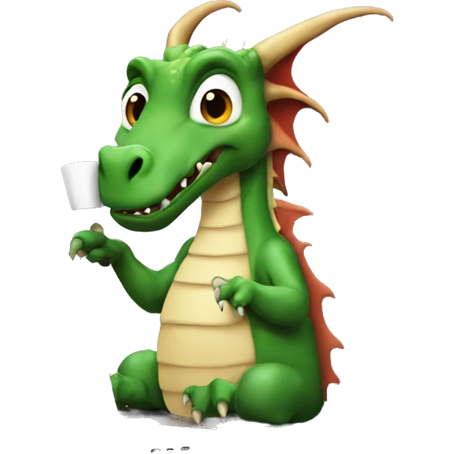 dragon on a laptop, wearing a hump day shirt, with a cup of coffee in hand emoji