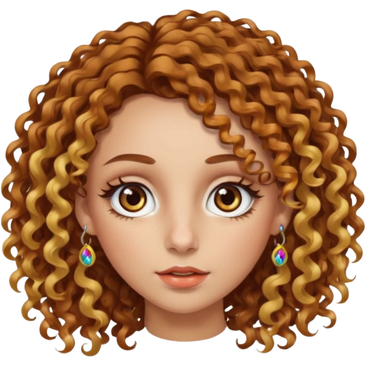 A woman with brown curly hair and blonde highlights side parted with hazel eyes with central heterochromia and a multicoloured nose ring emoji