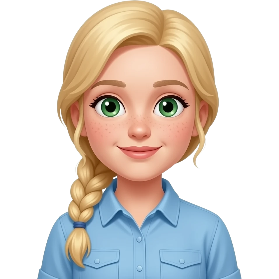 white girl green eyes blonde hair freckles farm boots and blue shirt no braid emoji