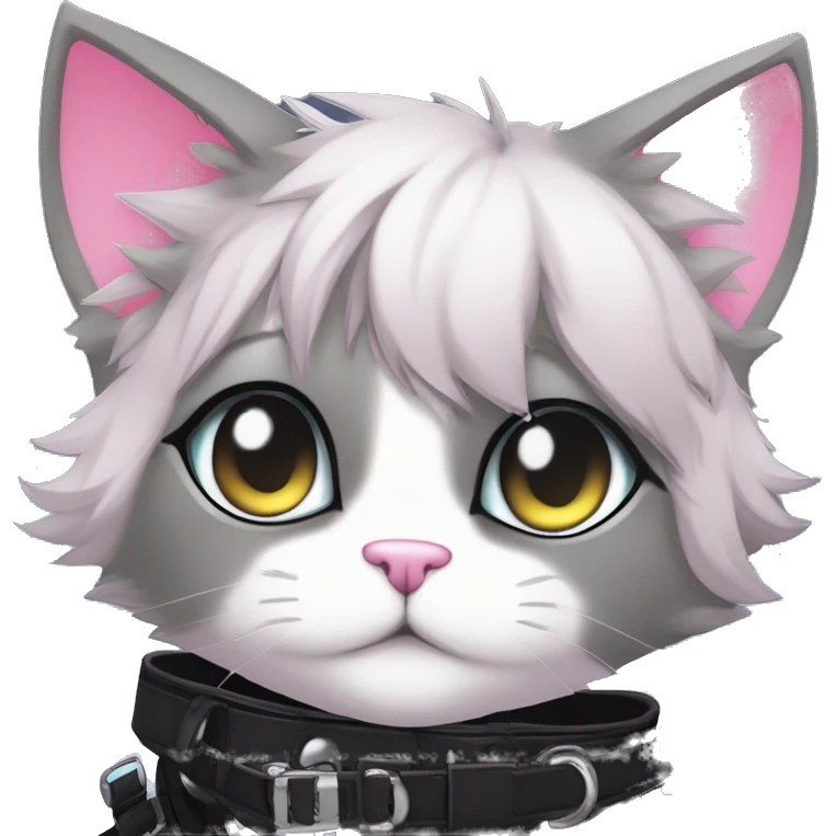Gorgeous edgy cute shiny epic magical gradient gothic dark techwear anime style anthro cat with blushing face aesthetic and pretty edgy black with collar and harness trending style emoji