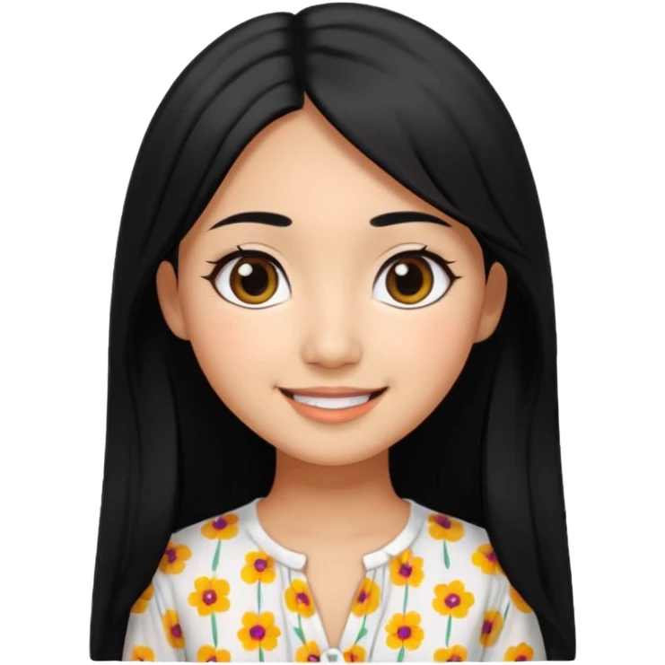 20 yr old asian woman hair white blouse with black dots center part big eyes big smile tanned skin straight black hair hippie part hair  emoji