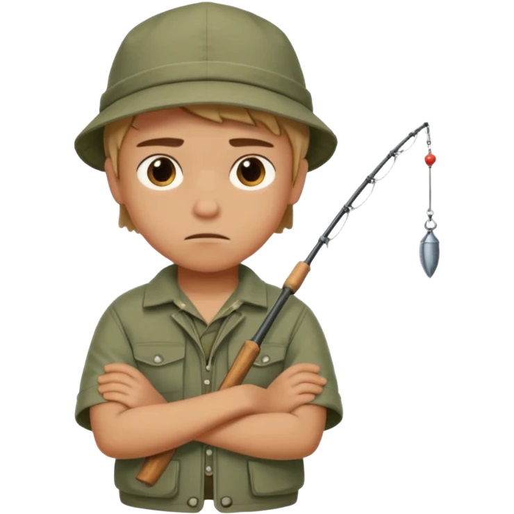 A boy with crossed arms, looking annoyed, dressed in fishing clothes. emoji