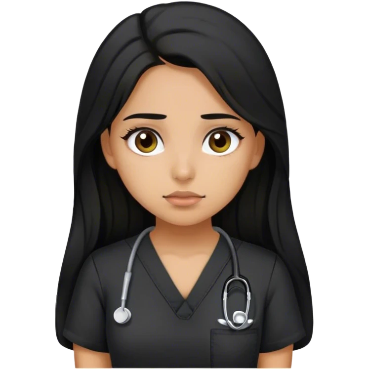 Latina girl with dark long hair and dark eyes and olive skin wearing black scubs and tired emoji