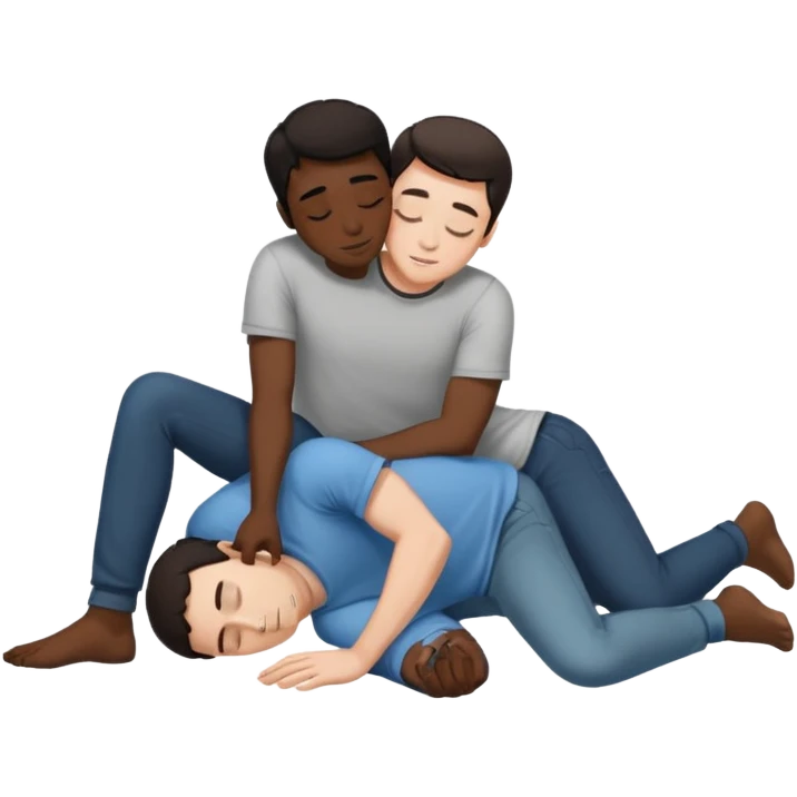 White male dark hair and black adult male naked, spooning on floor.,touching, kissing, in love emoji