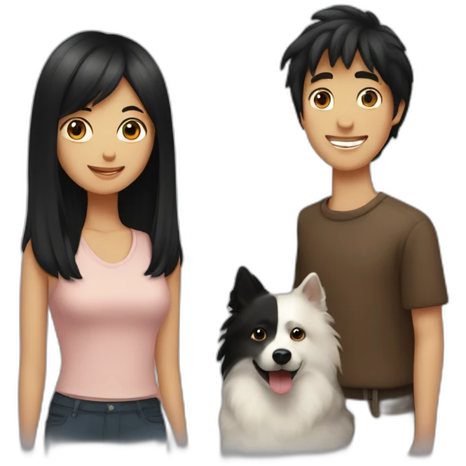 couple, a little Men with Long black hair, a girl with short brown hair ; and black spitz dog emoji