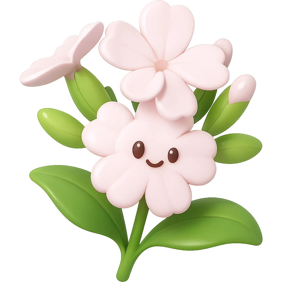Create a 3D iOS-style cartoon soapwort (Saponaria) flower with exaggerated cute pale pink petals, big green leaves, playful proportions, soft lighting, and a glossy effect. The image should have no background. Style hint: GPT Image style. emoji