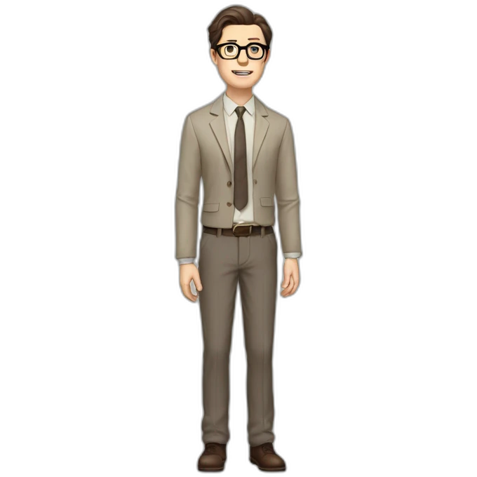 Full height Pale skinned Fit Man With dark brown hair in gray jacket, beige office shirt, tie, Brown pants and vintage glasses. Thrumbs of his palms directed up emoji