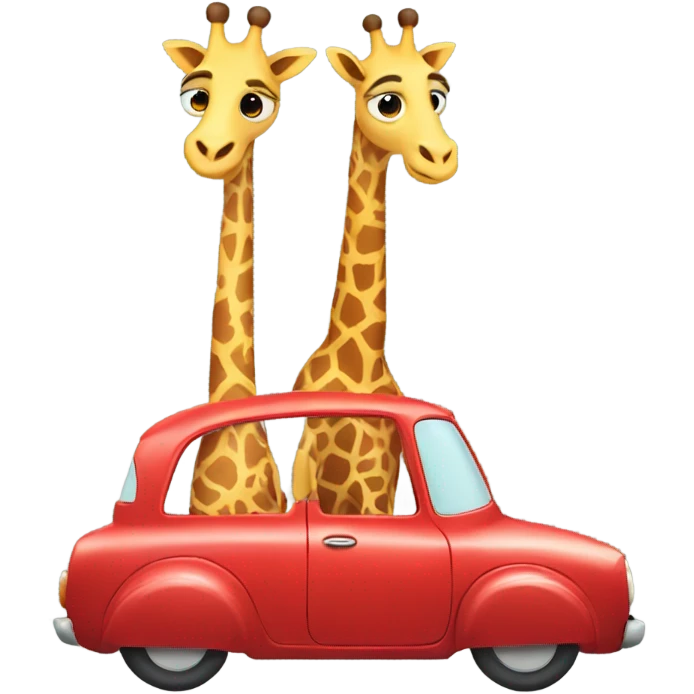 two cute giraffes driving in a red car emoji