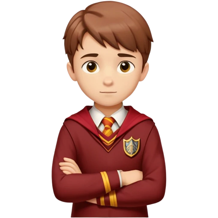 um rapaz jovem um pouco de lado olhando para frente de braços cruzados com o uniforme da grifinoria emoji