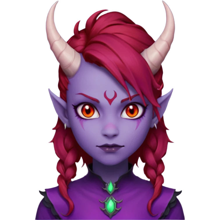 Demon Girl Purple Skin Dragon Horns Black Eyes Red Glowing Pupils Auburn Haired Red Shirt  emoji
