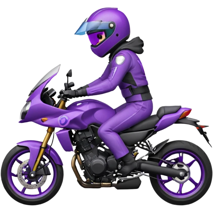 Créer un emoji avec une moto mt07 sport noir mate / violet iridescent très foncé, pare-brise de la moto violet. Avec une pilote dessus, visage masqué par la visière violette . Avec en arrière plan cercle violet. emoji