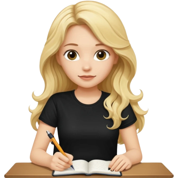 A beautiful blonde with long wavy hair in a black T-shirt sits and writes in a diary with a pen. emoji