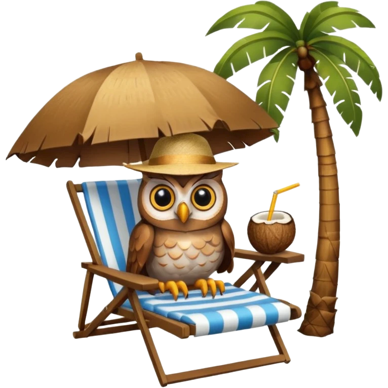 Сова в шезлонге с кокосом, загорает под пальмой, шляпа на голове emoji