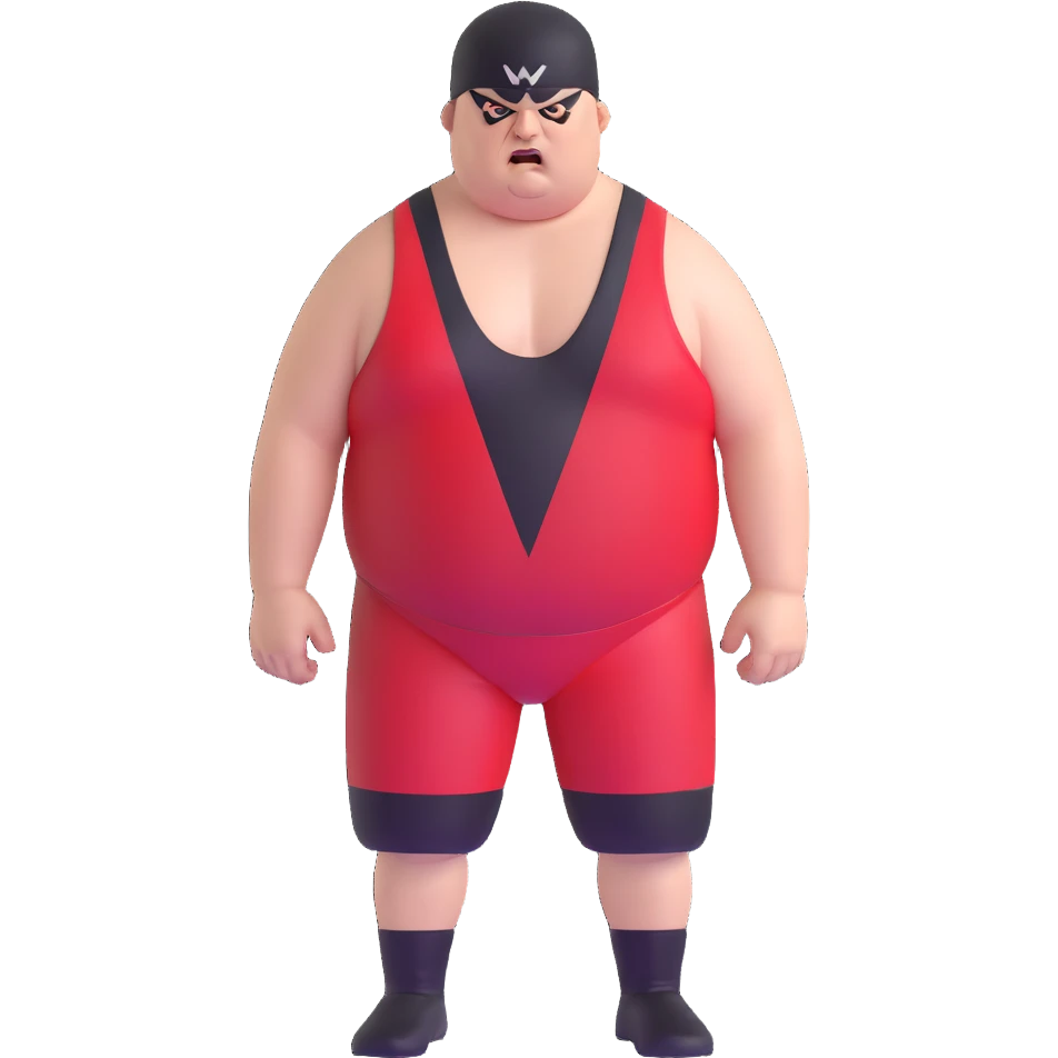 Close-up of white skin fat guy no muscle with prominent black durag, completely shaved face, no beard or mustache, black eyes in a red and black wrestling singlet with angry face emoji