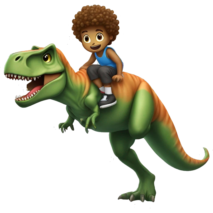 curly haired boy dunking on a T-rex emoji