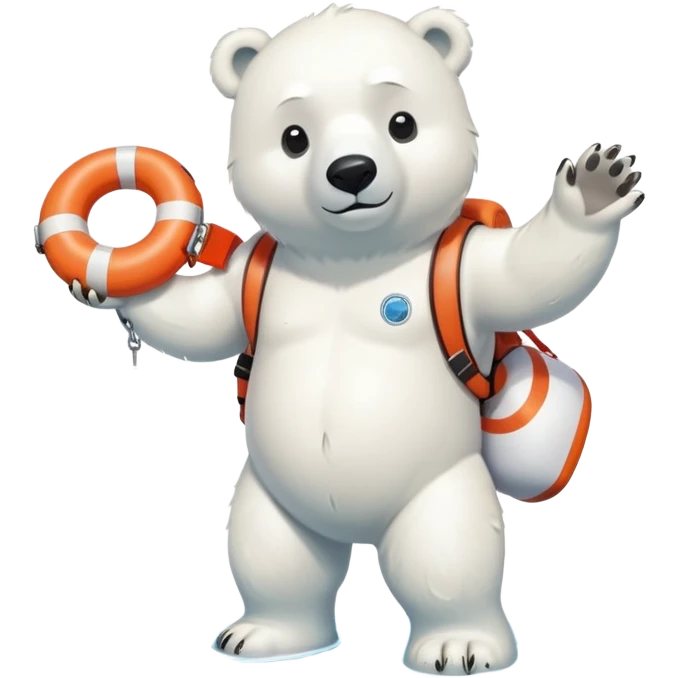 full body friendly anthropomorphised polar bear wearing swim suit and scuba goggles holding life buoy standing in puddle emoji