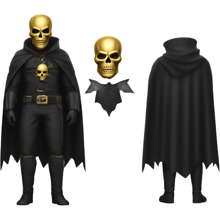 Bounty Hunter Boss with black cape and a half of gold skull mask from death Stranding, full body view emoji