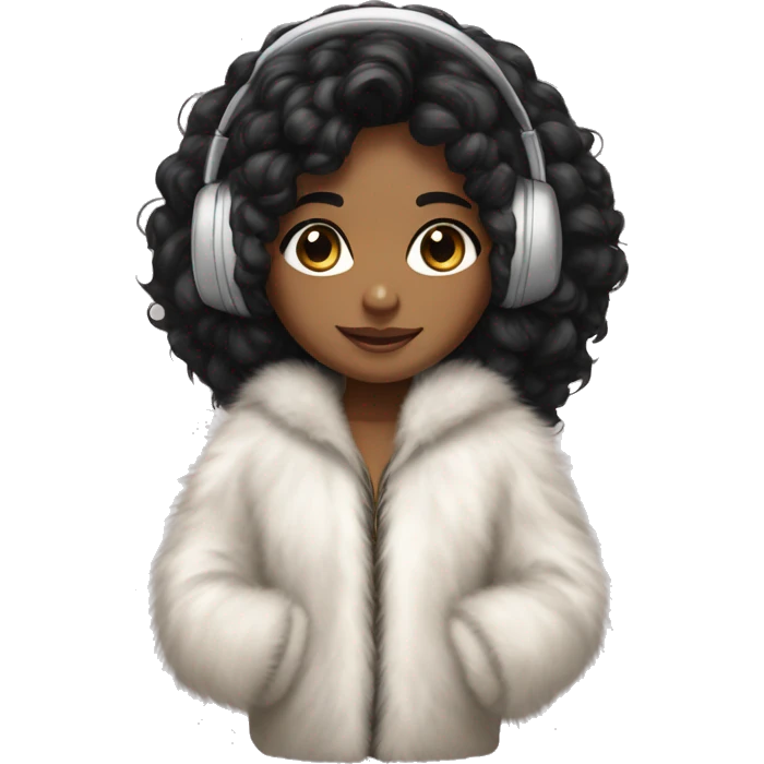 A brown Indian girl with big eyes, curly black hair, and Sony white headphones in a fur jacket emoji