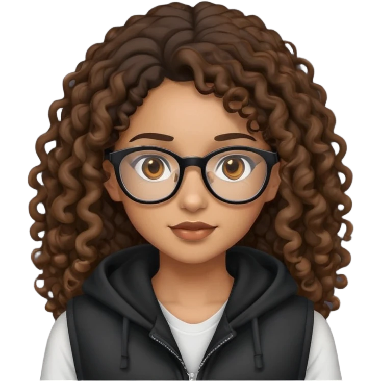 Mixed girl /curly long hair brown / with brown eyes glasses black hood vest  emoji