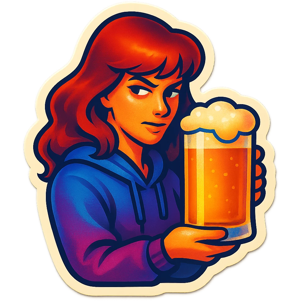 A sticker of a female stalker with a glass of beer emoji