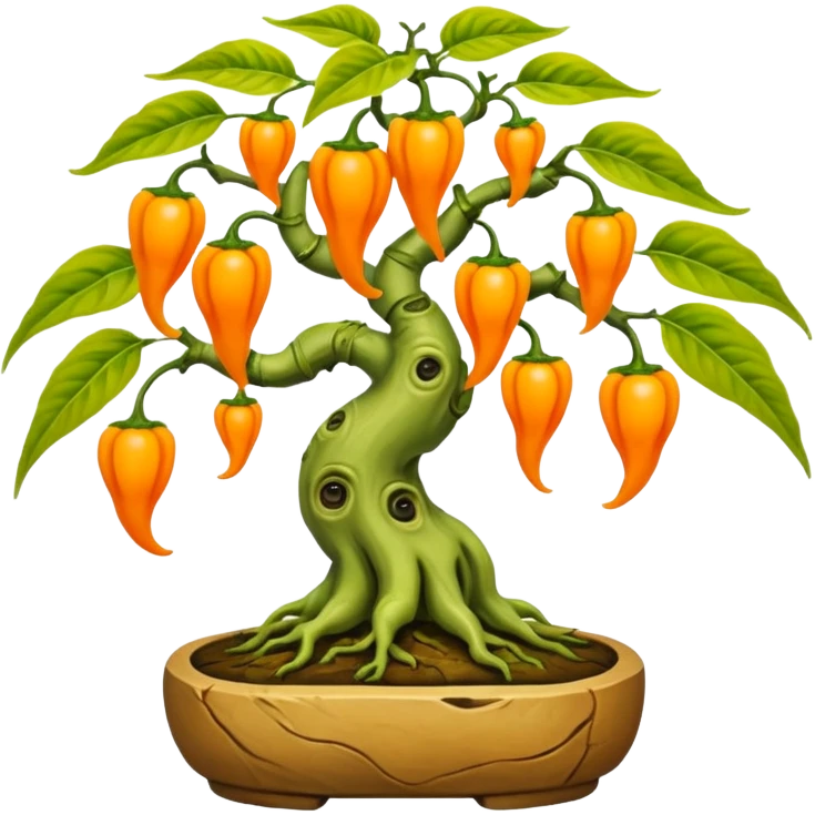 Very Large decorative alien gnarled bonsai aji charapita with fourty minuscule round orange-yellow wild peppers on it  emoji