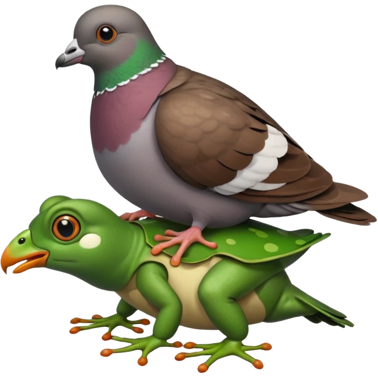 a pigeon riding on a frog with a coat on emoji