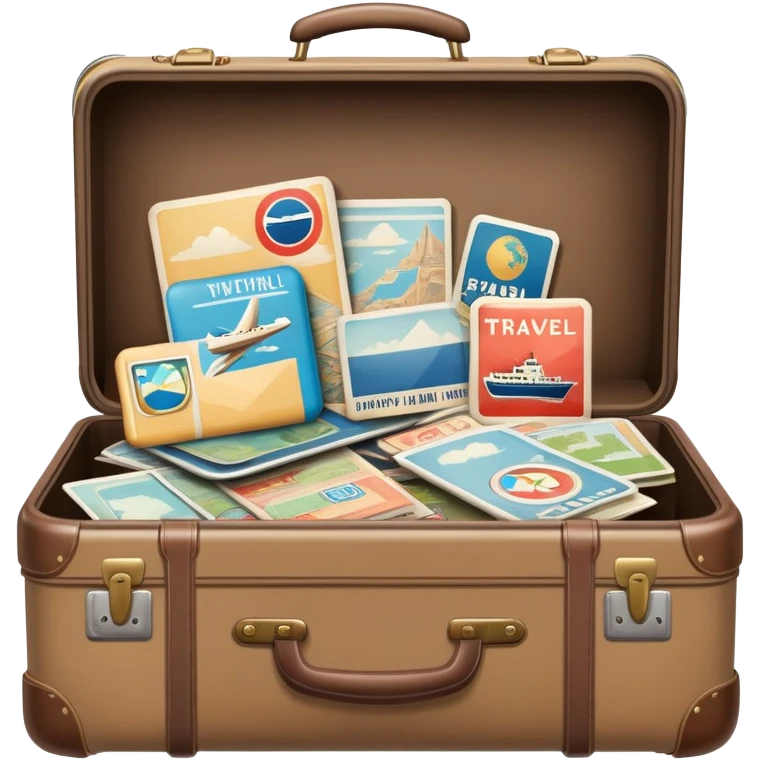 Suitcase with travel stickers, subdued colors, not vivid emoji
