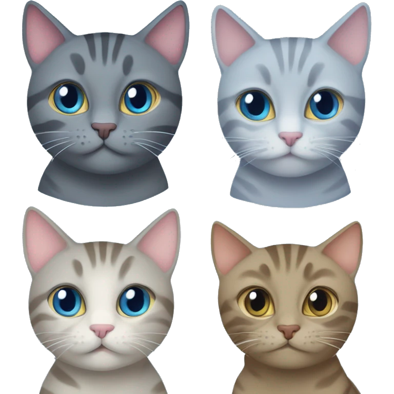 The grey tabby cat, the blue cat, the tabby cat and the silver creen play together emoji