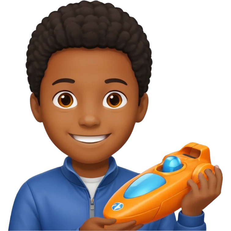 black kid playing orange formula 1 toy emoji