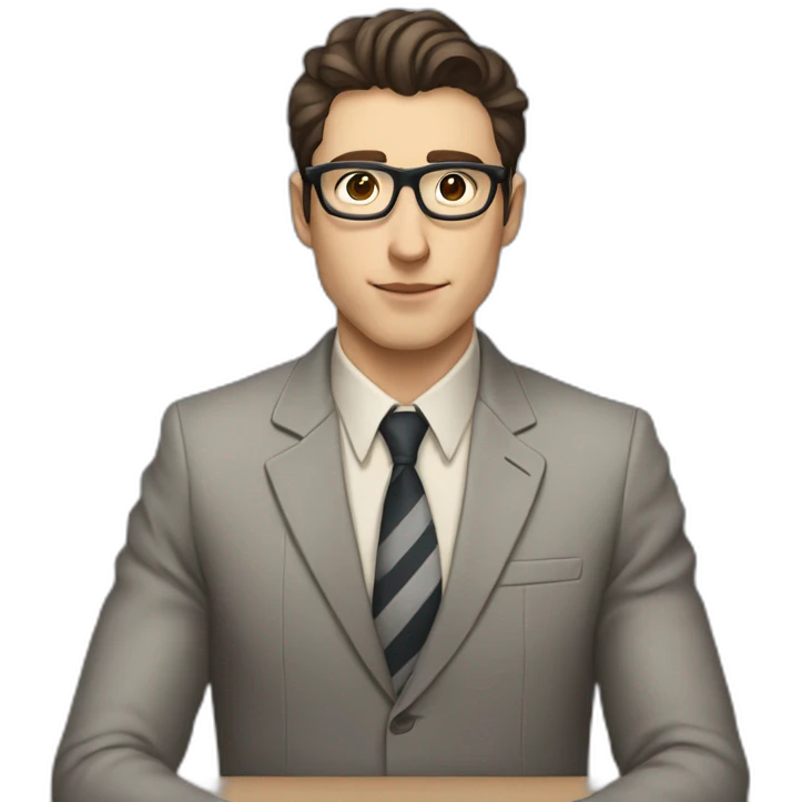 Pale skinned Fit Man With dark brown hair in gray jacket with stripe In the form of emblem Ψ, beige office shirt and vintage glasses Sitting at the table emoji