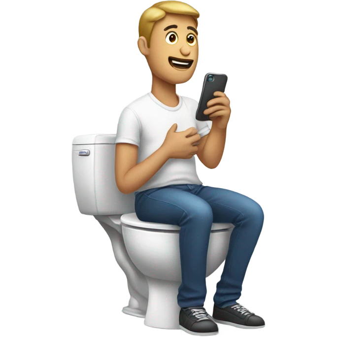 Man sitting on toilet with phone emoji