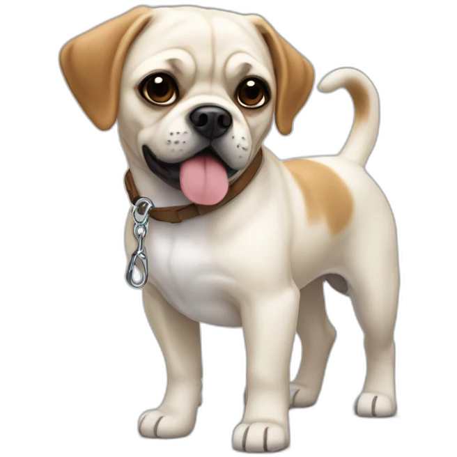 White Puggle with brown ears pulling on leash emoji