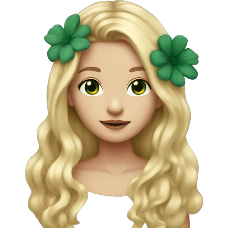 Young woman, long blond hair, dark green eyes and a flower in her hair  emoji