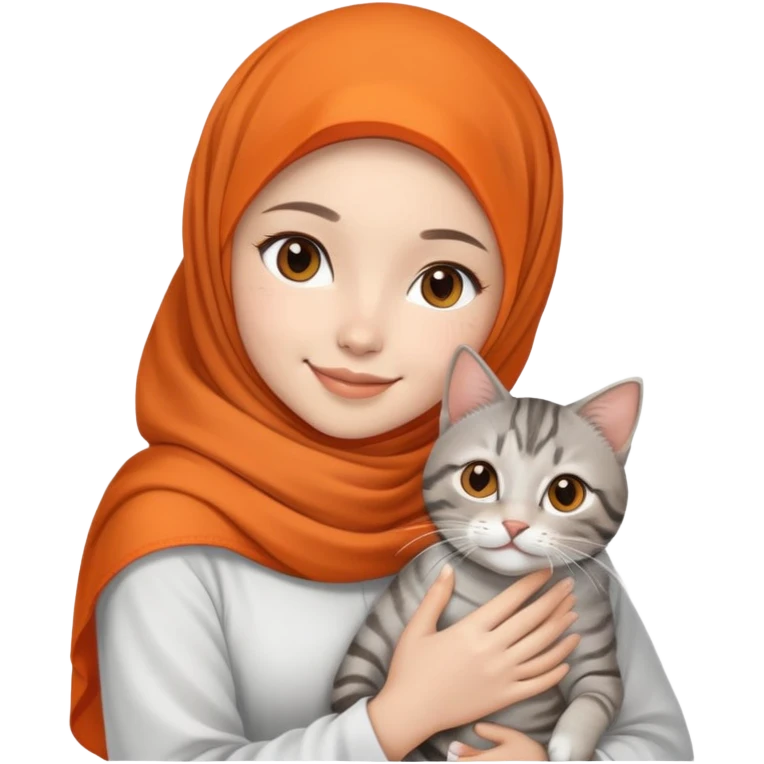 Asian White girl wearing orange hijab and white dress holding a black grey tabby cat while smiling.  emoji